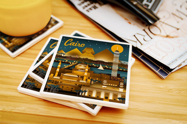 Cairo, Egypt, Retro Skyline, Lantern Press Artwork, Coaster Set Coasters Lantern Press 