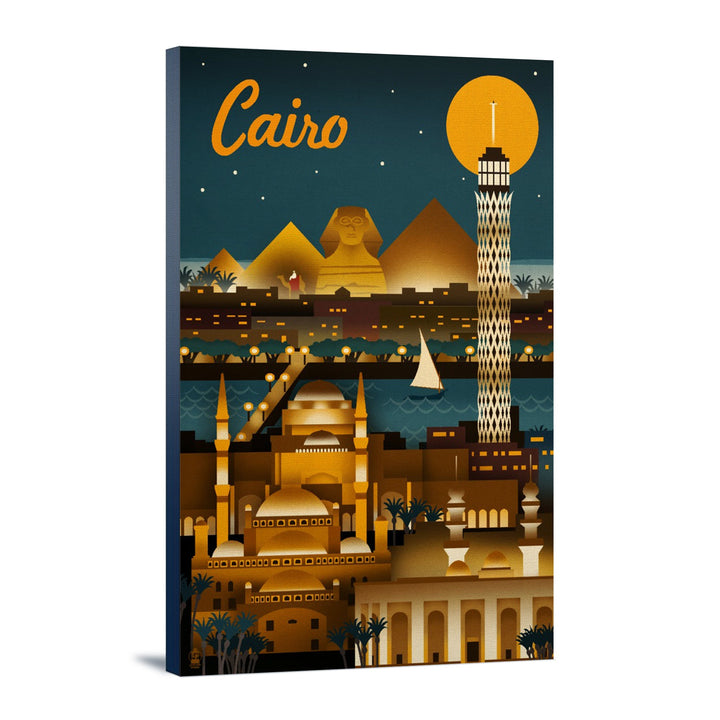 Cairo, Egypt, Retro Skyline, Lantern Press Artwork, Stretched Canvas Canvas Lantern Press 12x18 Stretched Canvas 