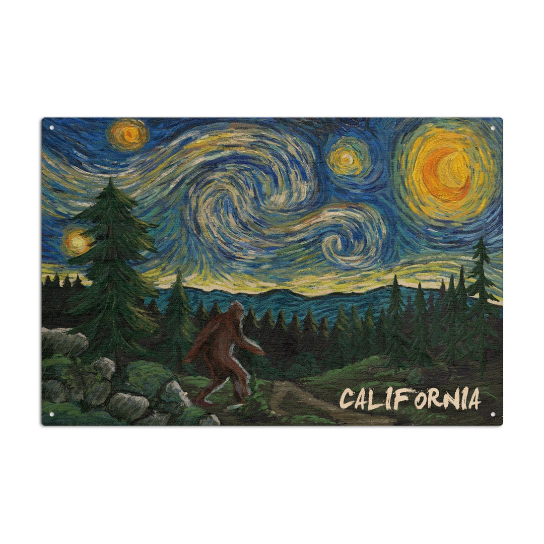 California, Bigfoot, Starry Night, Lantern Press Artwork, Wood Signs and Postcards Wood Lantern Press 6x9 Wood Sign 
