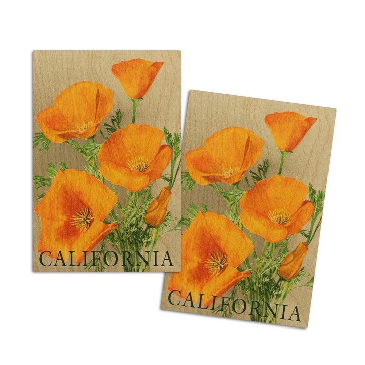 California, Bottom Text, Poppies, Lantern Press Artwork, Wood Signs and Postcards Wood Lantern Press 4x6 Wood Postcard Set 