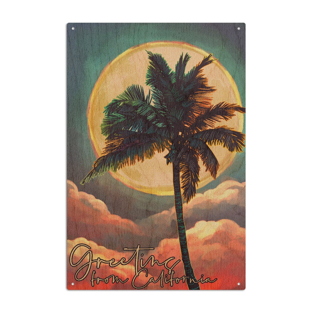 California, Greetings From California, Palm and Moon, Sunset, Lantern Press Poster, Wood Signs and Postcards Wood Lantern Press 10 x 15 Wood Sign 