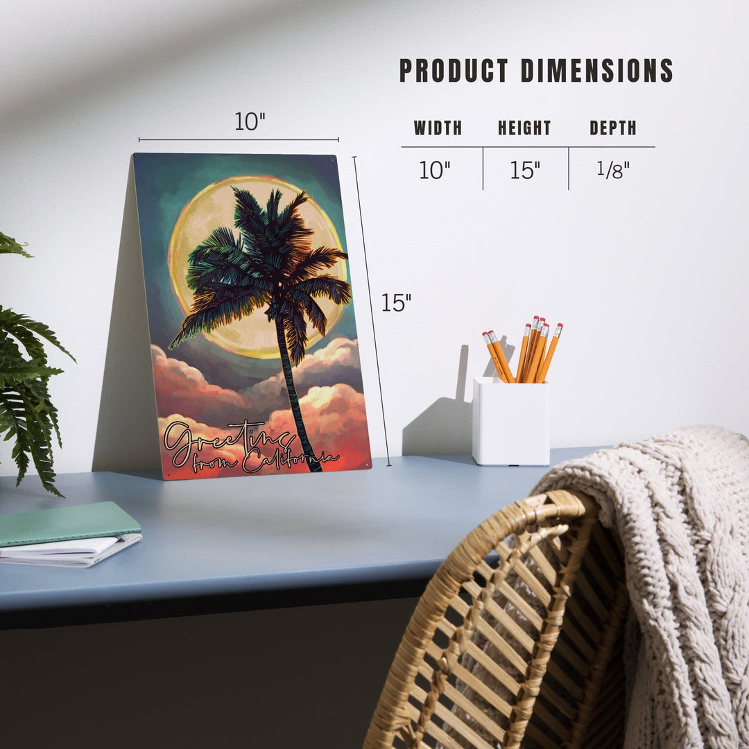 California, Greetings From California, Palm and Moon, Sunset, Lantern Press Poster, Wood Signs and Postcards Wood Lantern Press 