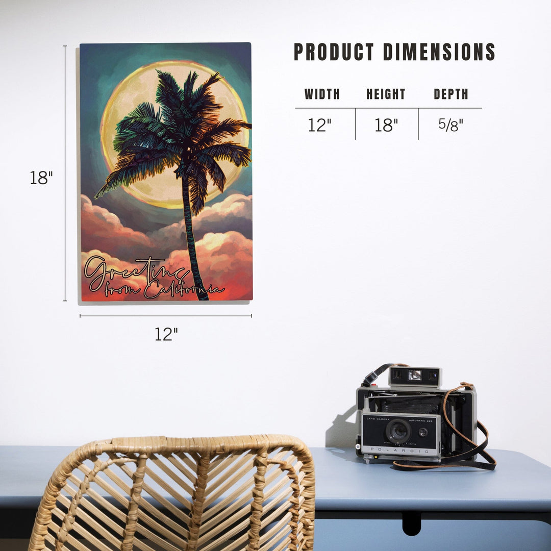 California, Greetings From California, Palm and Moon, Sunset, Lantern Press Poster, Wood Signs and Postcards Wood Lantern Press 