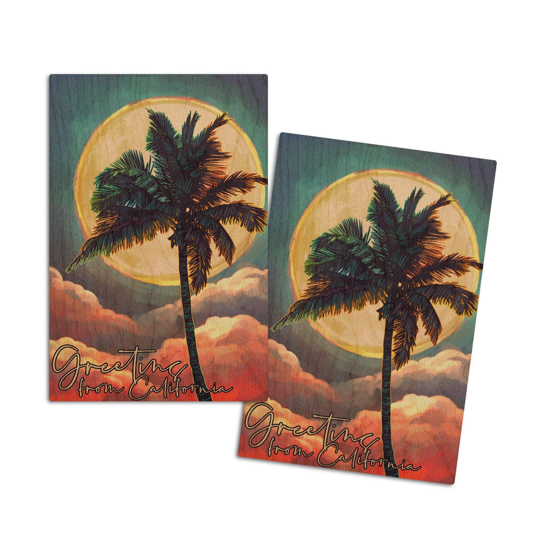 California, Greetings From California, Palm and Moon, Sunset, Lantern Press Poster, Wood Signs and Postcards Wood Lantern Press 4x6 Wood Postcard Set 