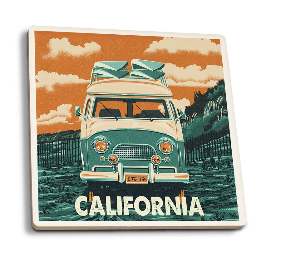 California, Letterpress, Camper Van, Lantern Press Artwork, Coaster Set Coasters Lantern Press 