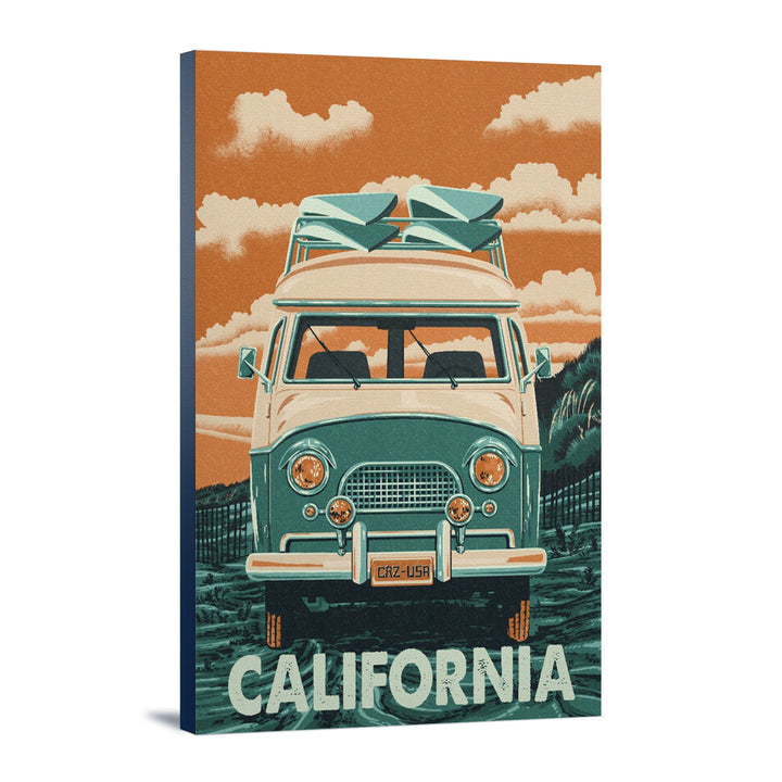 California, Letterpress, Camper Van, Lantern Press Artwork, Stretched Canvas Canvas Lantern Press 12x18 Stretched Canvas 