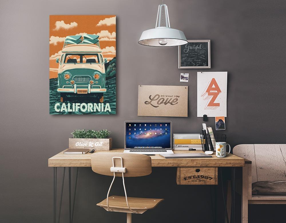 California, Letterpress, Camper Van, Lantern Press Artwork, Stretched Canvas Canvas Lantern Press 