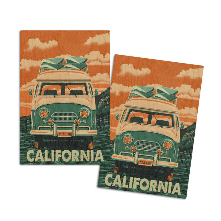 California, Letterpress, Camper Van, Lantern Press Artwork, Wood Signs and Postcards Wood Lantern Press 4x6 Wood Postcard Set 
