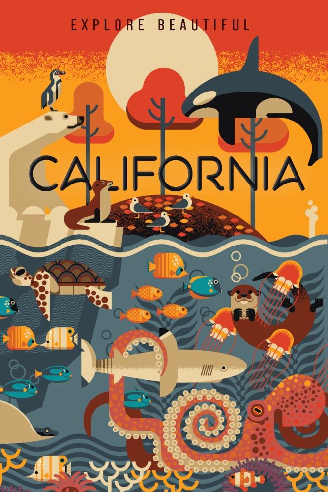 California, Marine Animals, Geometric, Lantern Press Artwork, Art Prints and Metal Signs Art Lantern Press 12 x 18 Art Print 
