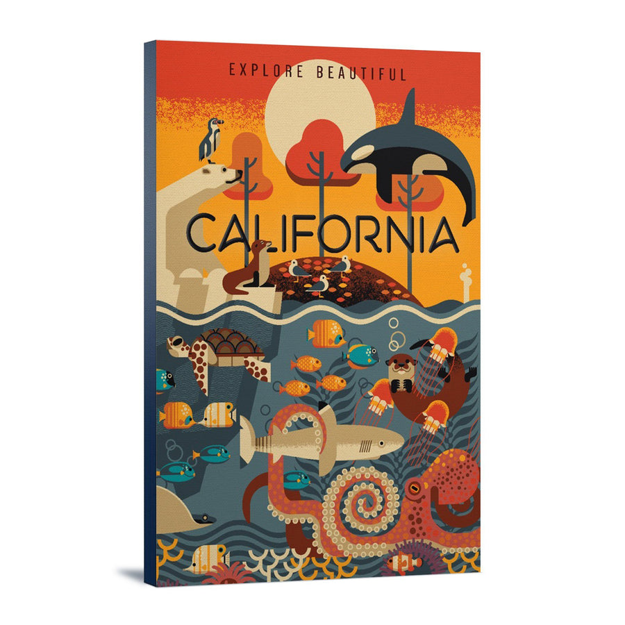California, Marine Animals, Geometric, Lantern Press Artwork, Stretched Canvas Canvas Lantern Press 