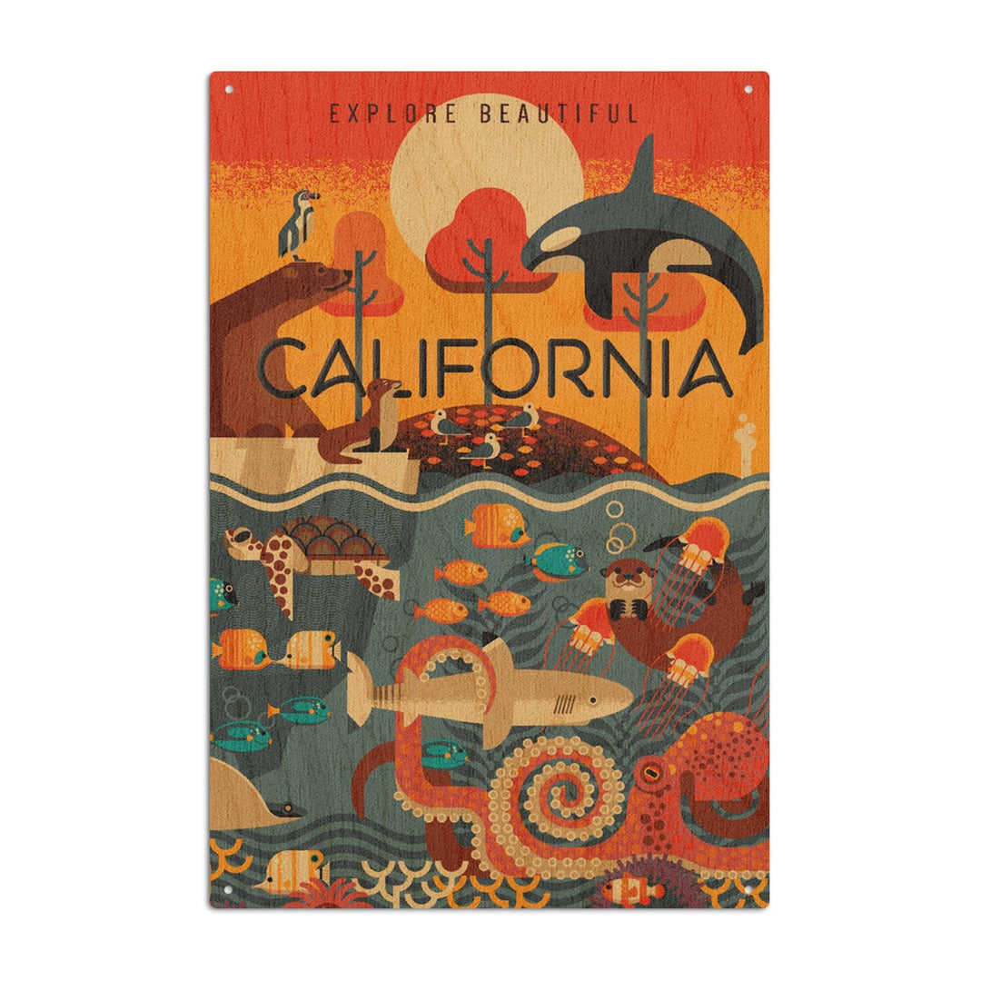 California, Marine Animals, Geometric, Lantern Press Artwork, Wood Signs and Postcards Wood Lantern Press 10 x 15 Wood Sign 