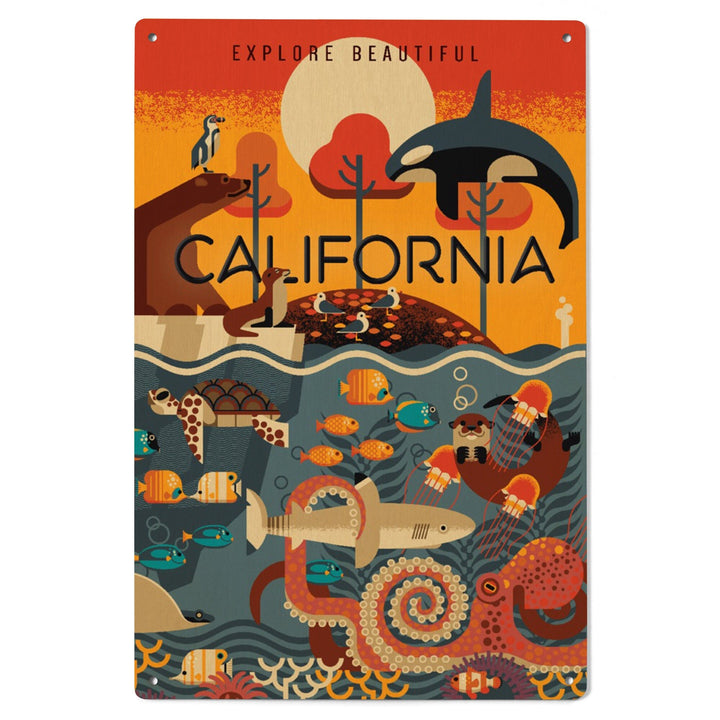 California, Marine Animals, Geometric, Lantern Press Artwork, Wood Signs and Postcards Wood Lantern Press 