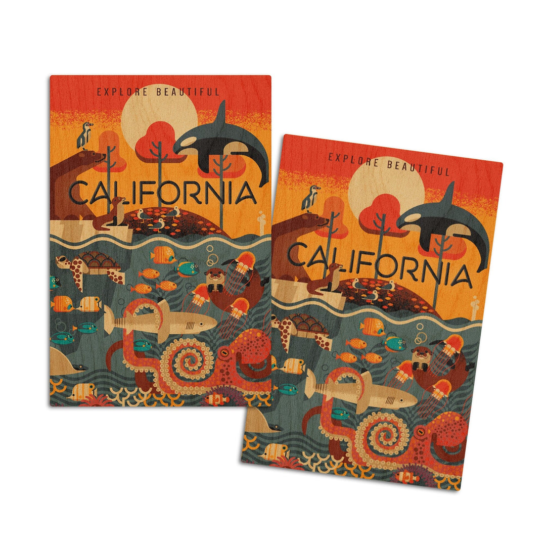 California, Marine Animals, Geometric, Lantern Press Artwork, Wood Signs and Postcards Wood Lantern Press 4x6 Wood Postcard Set 