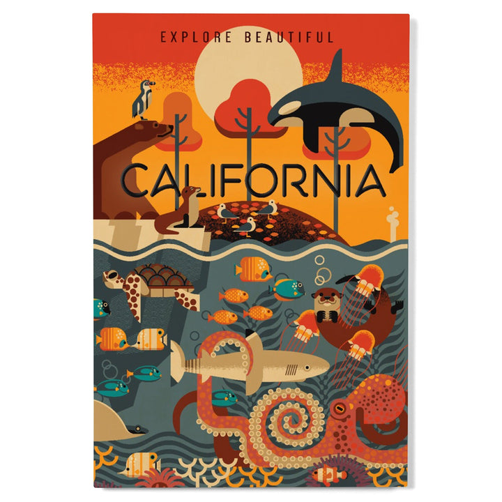 California, Marine Animals, Geometric, Lantern Press Artwork, Wood Signs and Postcards Wood Lantern Press 