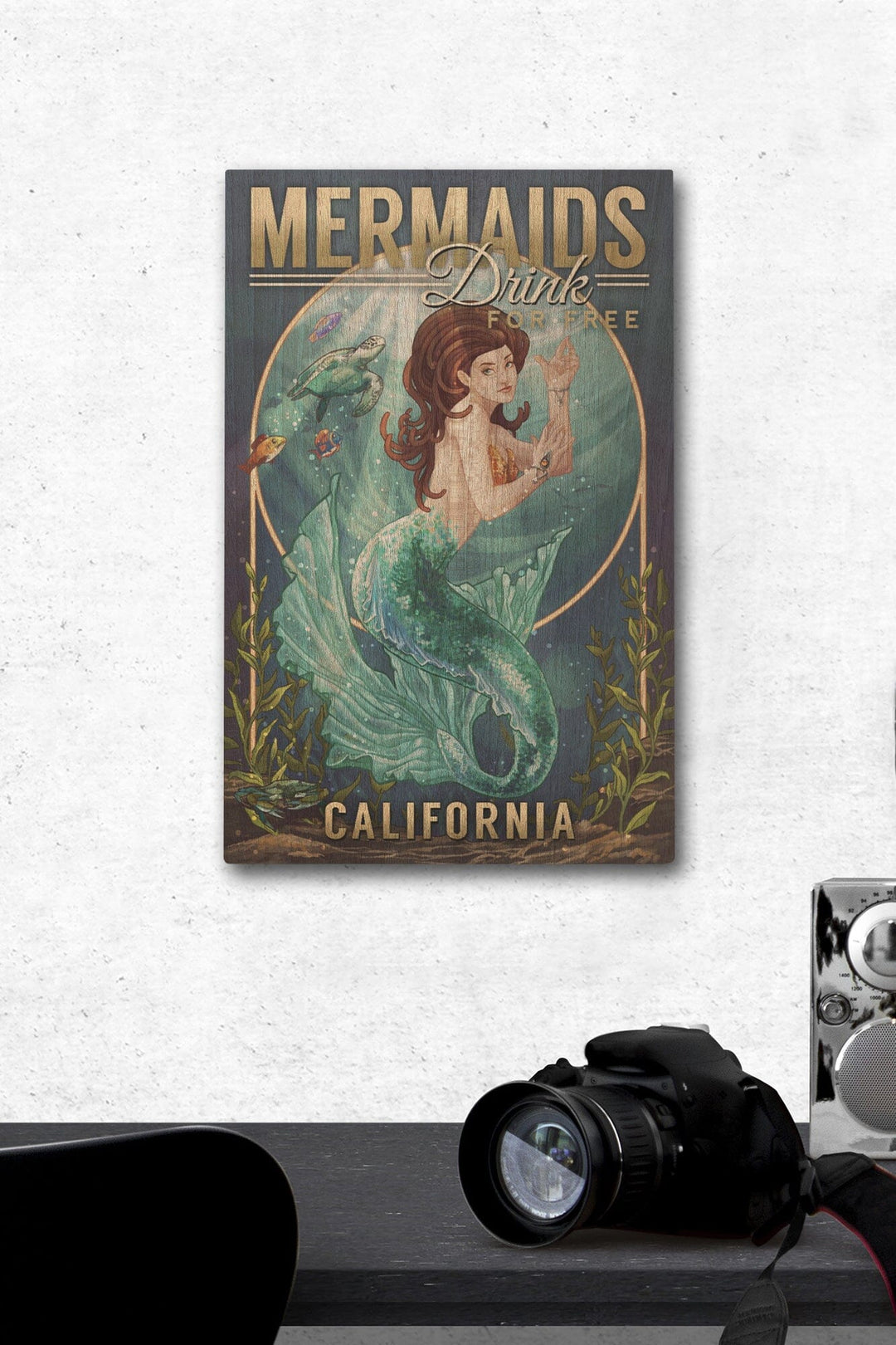 California, Mermaids Drink for Free (top), Lantern Press Artwork, Wood Signs and Postcards Wood Lantern Press 12 x 18 Wood Gallery Print 