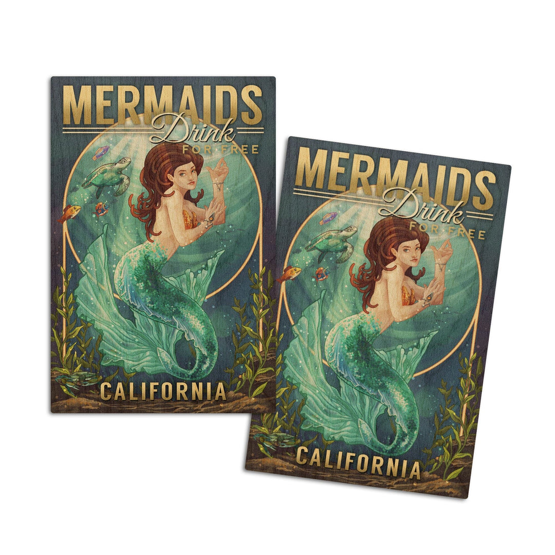 California, Mermaids Drink for Free (top), Lantern Press Artwork, Wood Signs and Postcards Wood Lantern Press 4x6 Wood Postcard Set 