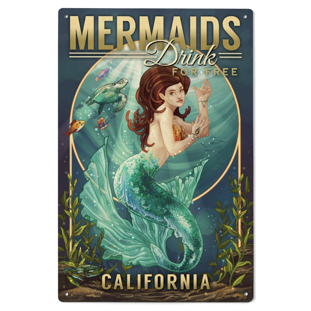 California, Mermaids Drink for Free (top), Lantern Press Artwork, Wood Signs and Postcards Wood Lantern Press 