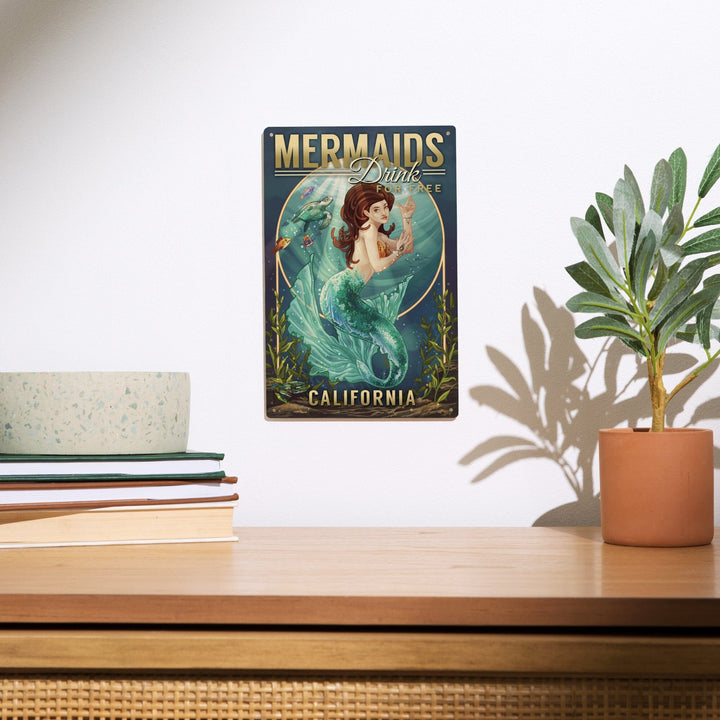 California, Mermaids Drink for Free (top), Lantern Press Artwork, Wood Signs and Postcards Wood Lantern Press 