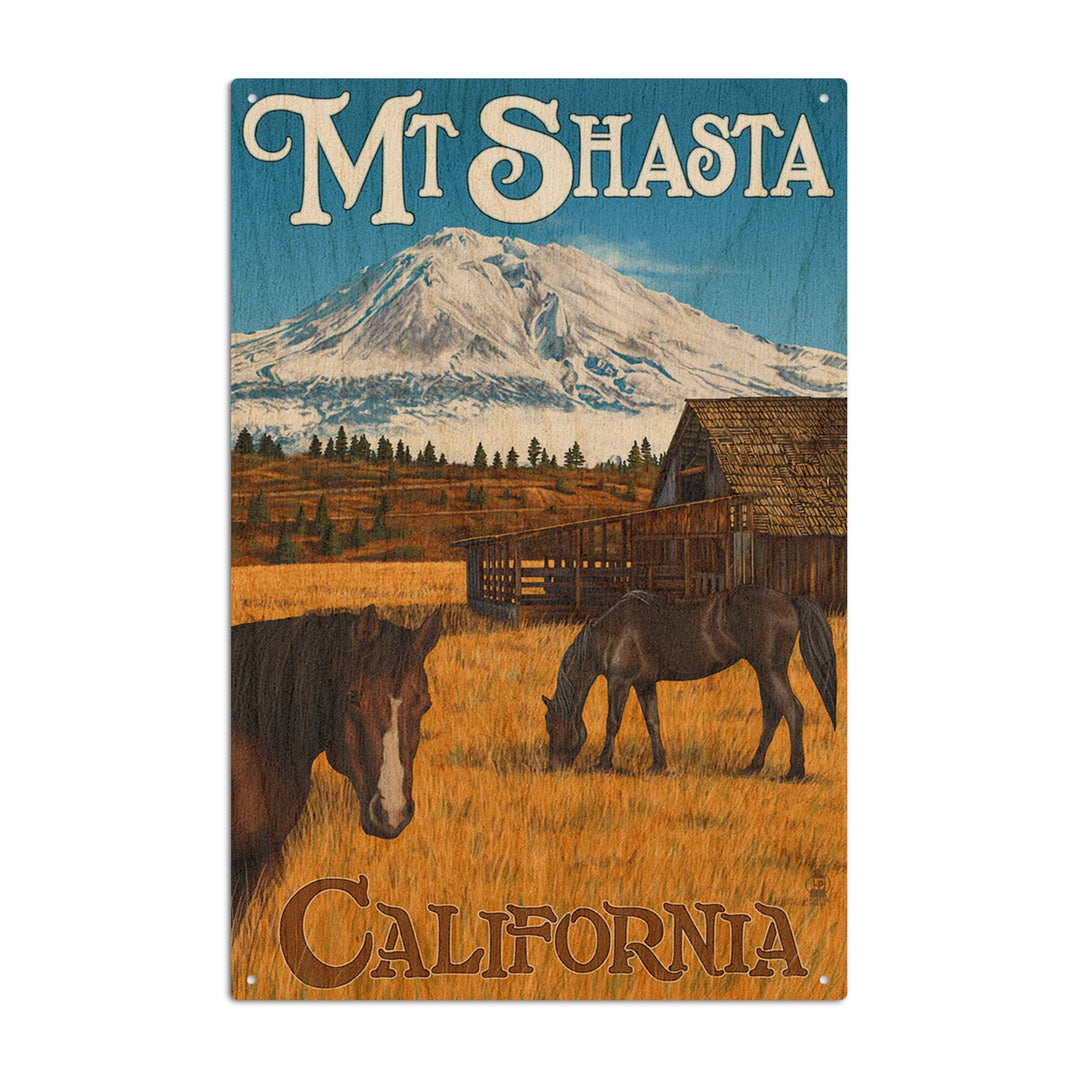 California, Mount Shasta and Horses, Lantern Press Artwork, Wood Signs and Postcards Wood Lantern Press 10 x 15 Wood Sign 