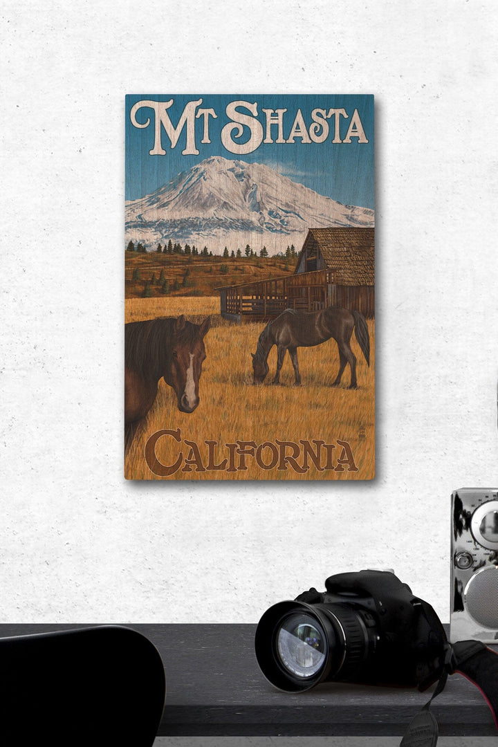 California, Mount Shasta and Horses, Lantern Press Artwork, Wood Signs and Postcards Wood Lantern Press 12 x 18 Wood Gallery Print 