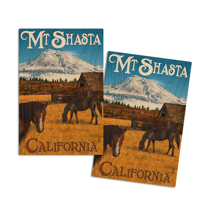 California, Mount Shasta and Horses, Lantern Press Artwork, Wood Signs and Postcards Wood Lantern Press 4x6 Wood Postcard Set 
