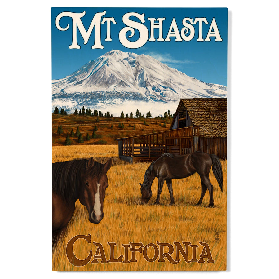 California, Mount Shasta and Horses, Lantern Press Artwork, Wood Signs and Postcards Wood Lantern Press 