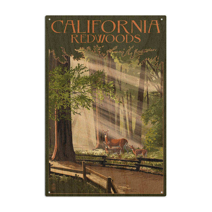 California, Redwoods & Deer, Lantern Press Artwork, Wood Signs and Postcards Wood Lantern Press 10 x 15 Wood Sign 