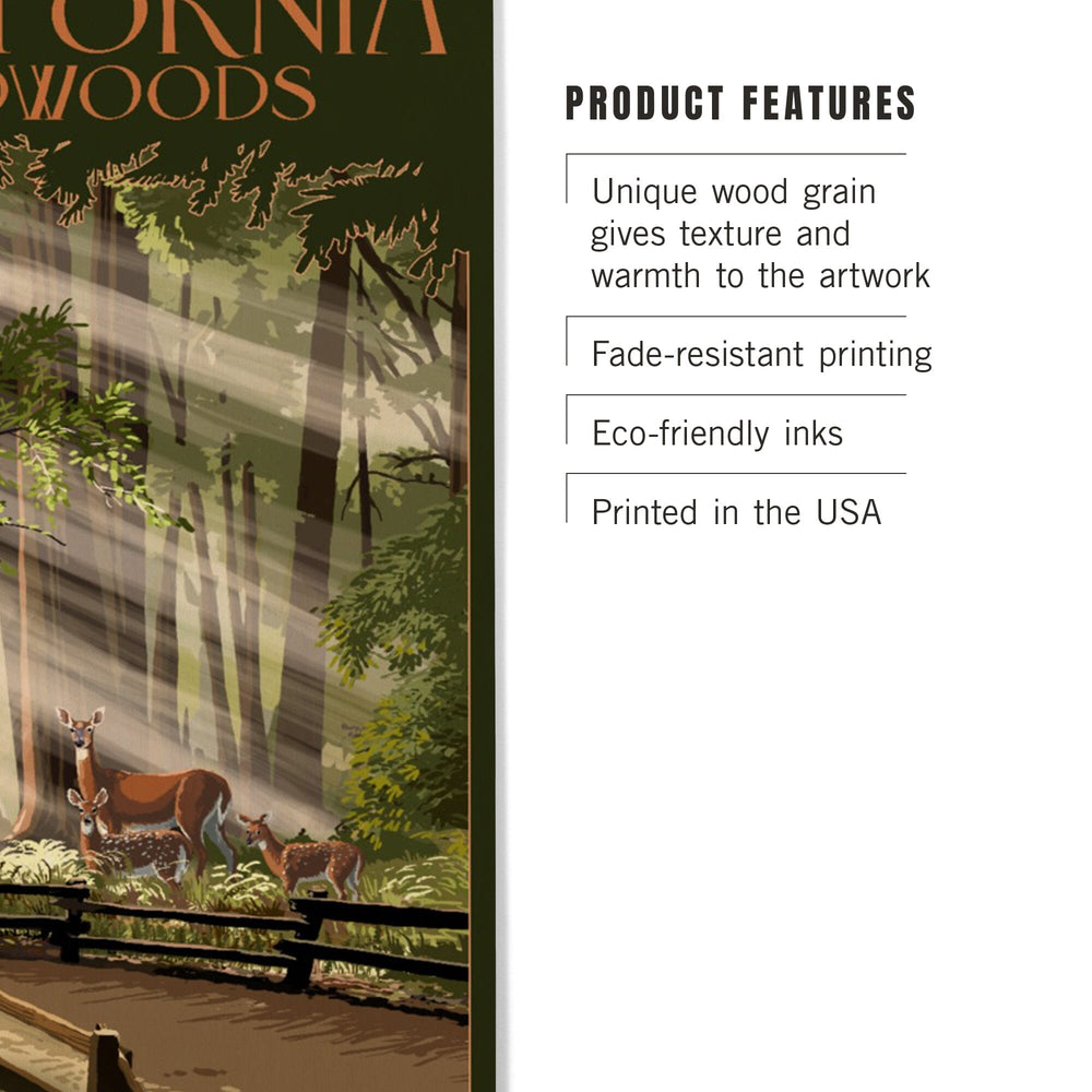 California, Redwoods & Deer, Lantern Press Artwork, Wood Signs and Postcards Wood Lantern Press 