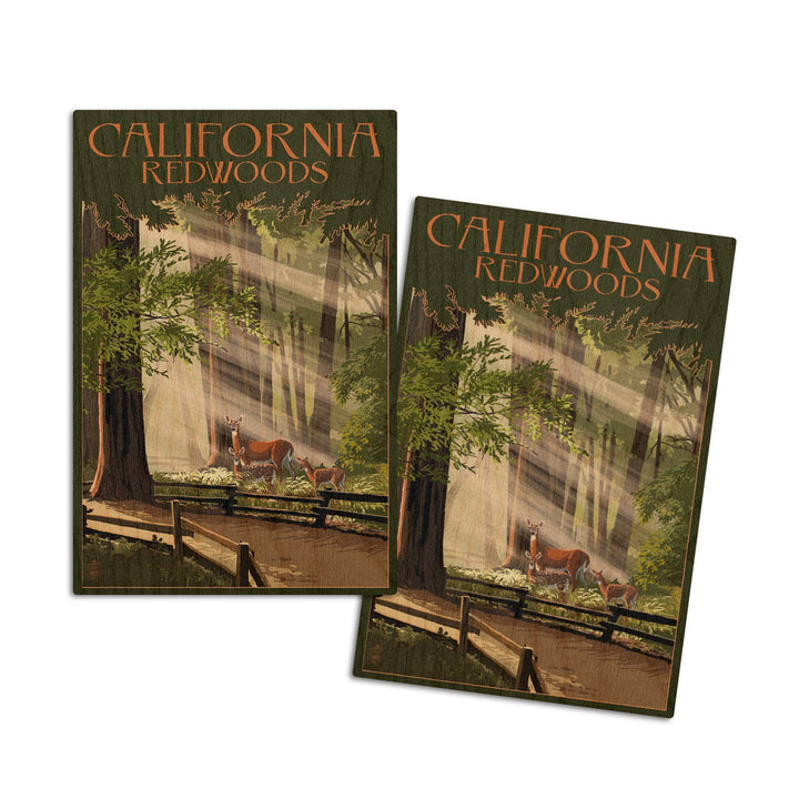 California, Redwoods & Deer, Lantern Press Artwork, Wood Signs and Postcards Wood Lantern Press 4x6 Wood Postcard Set 