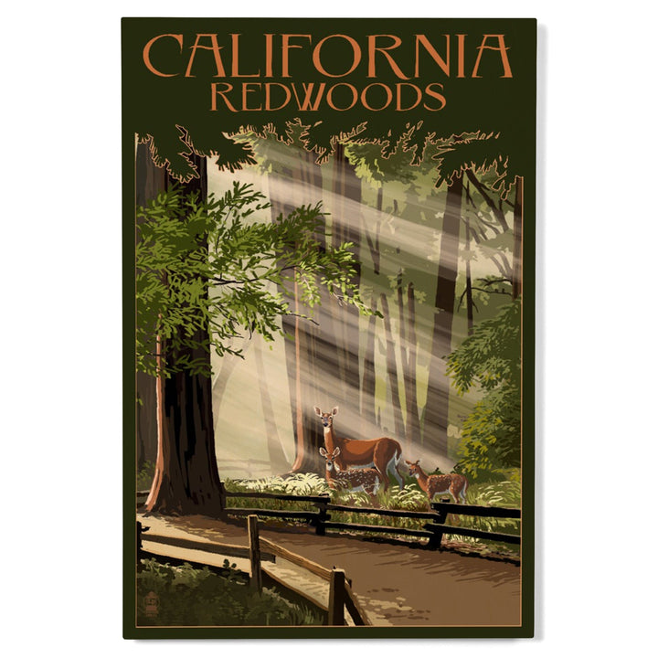 California, Redwoods & Deer, Lantern Press Artwork, Wood Signs and Postcards Wood Lantern Press 