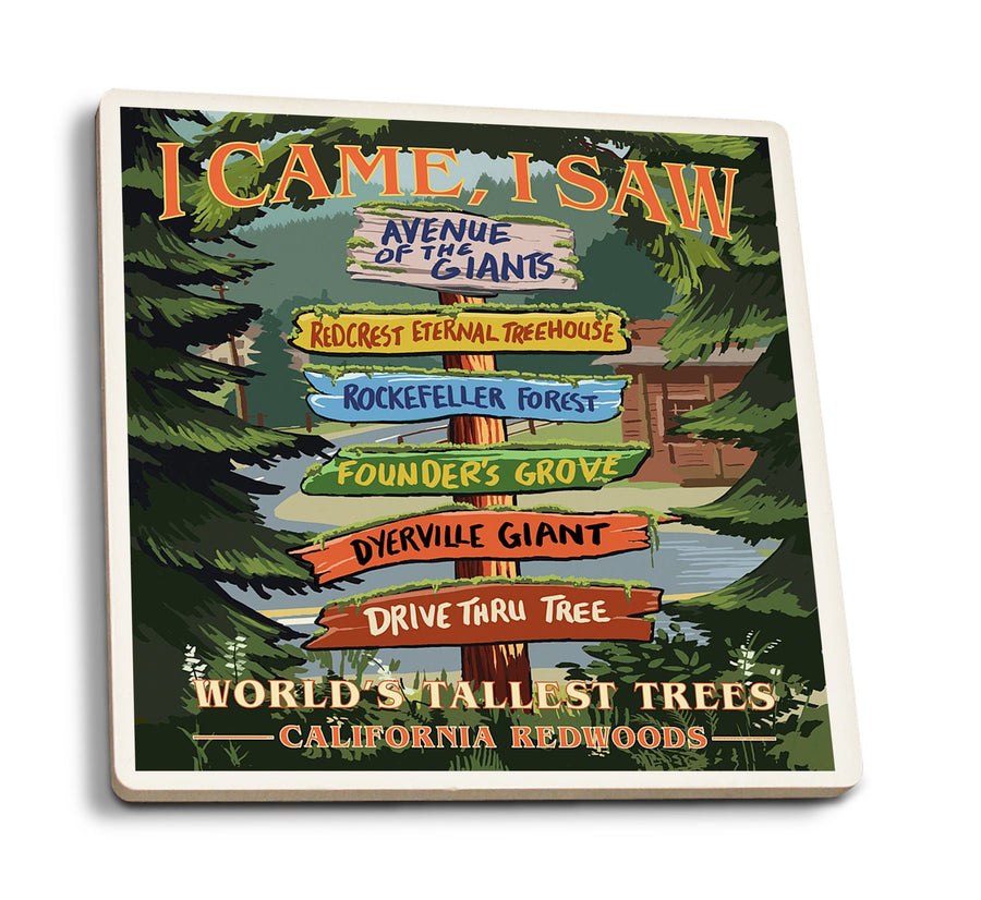California Redwoods, Destination Signpost, I Came I Saw, Lantern Press Artwork, Coaster Set Coasters Lantern Press 