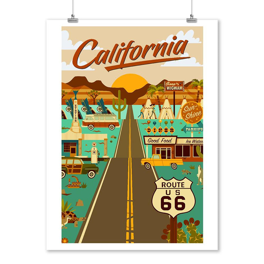 California, Route 66, Geometric, Lantern Press Artwork, Art Prints and Metal Signs Art Lantern Press 