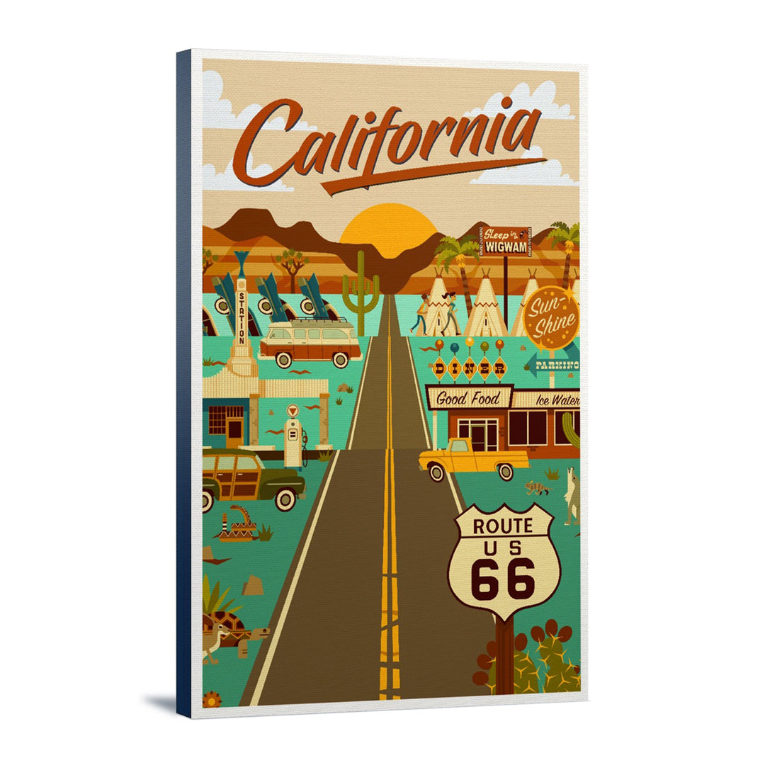 California, Route 66, Geometric, Lantern Press Artwork, Stretched Canvas Canvas Lantern Press 12x18 Stretched Canvas 