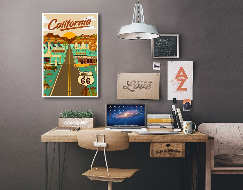 California, Route 66, Geometric, Lantern Press Artwork, Stretched Canvas - Lantern Press