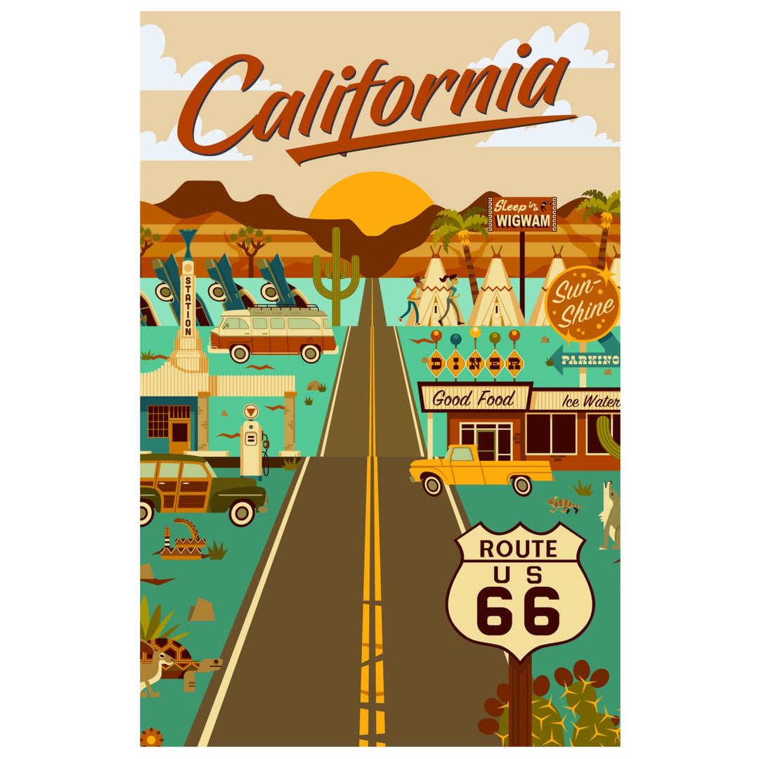 California, Route 66, Geometric, Lantern Press Artwork, Stretched Canvas - Lantern Press