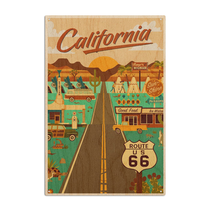 California, Route 66, Geometric, Lantern Press Artwork, Wood Signs and Postcards Wood Lantern Press 10 x 15 Wood Sign 
