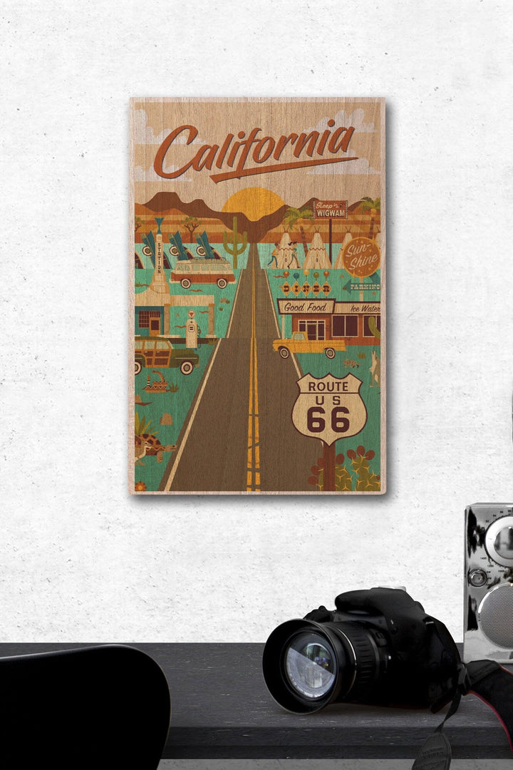 California, Route 66, Geometric, Lantern Press Artwork, Wood Signs and Postcards Wood Lantern Press 12 x 18 Wood Gallery Print 