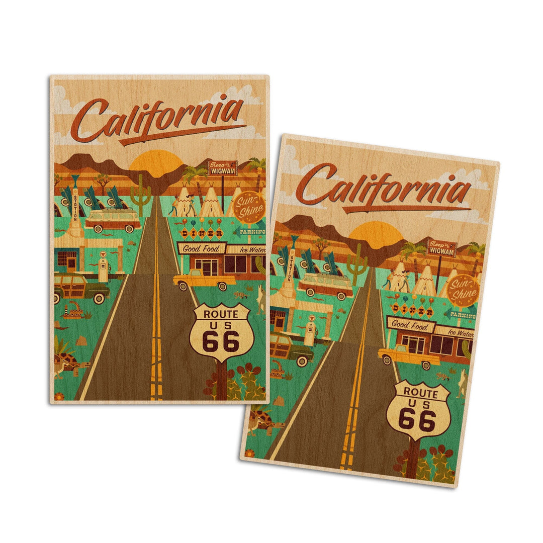 California, Route 66, Geometric, Lantern Press Artwork, Wood Signs and Postcards Wood Lantern Press 4x6 Wood Postcard Set 
