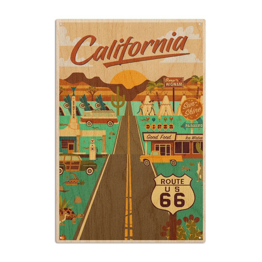 California, Route 66, Geometric, Lantern Press Artwork, Wood Signs and Postcards Wood Lantern Press 6x9 Wood Sign 