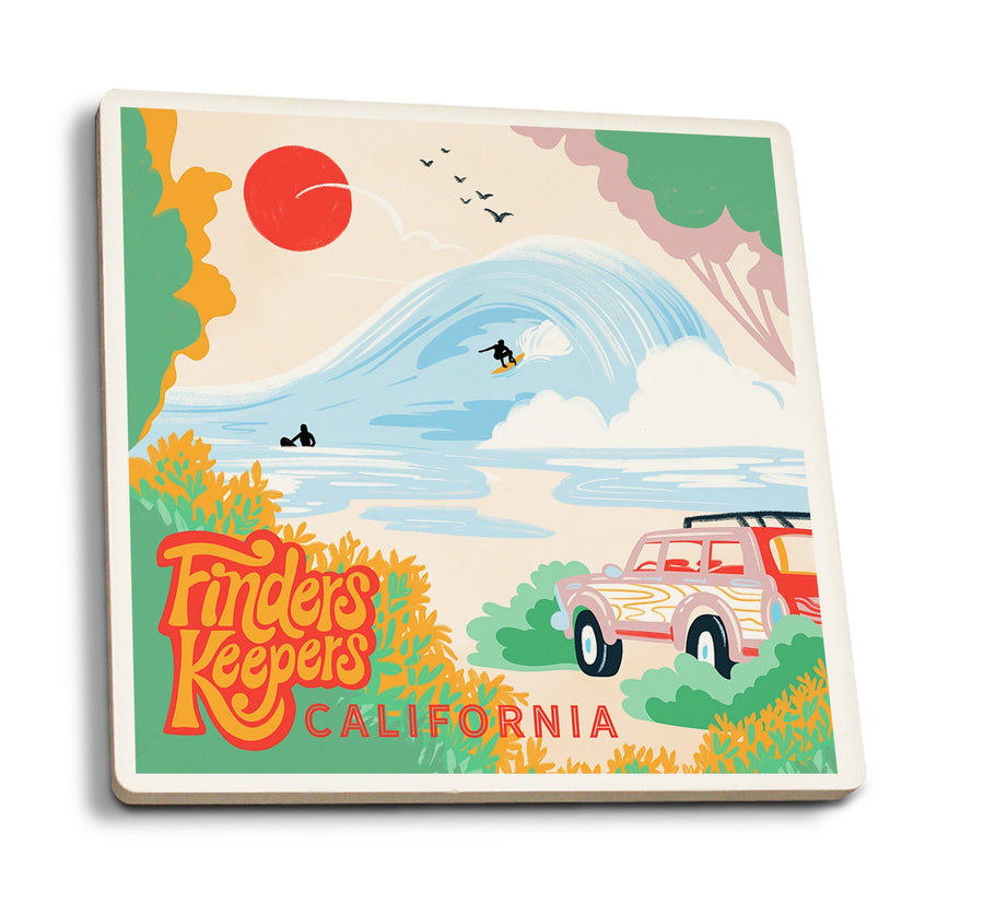 California, Secret Surf Spot Collection, Surf Scene at the Beach, Finders Keepers, Coaster Set Coasters Lantern Press 