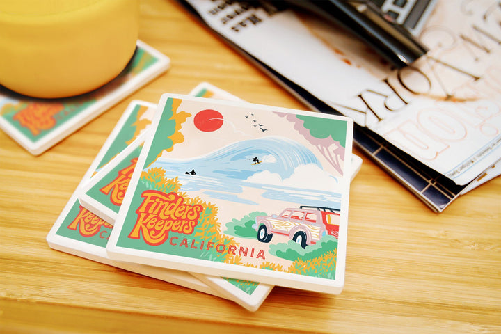 California, Secret Surf Spot Collection, Surf Scene at the Beach, Finders Keepers, Coaster Set Coasters Lantern Press 
