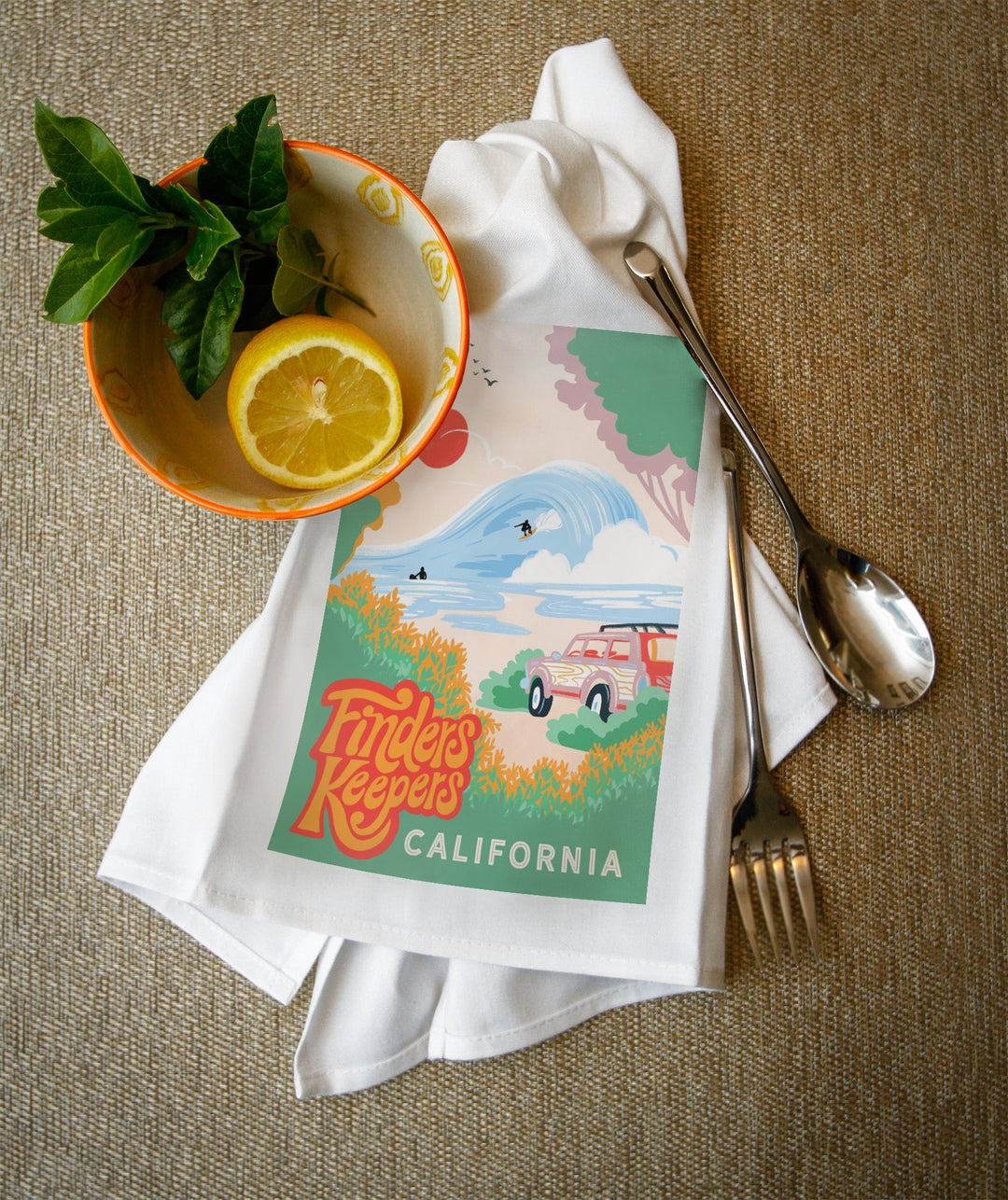 California, Secret Surf Spot Collection, Surf Scene at the Beach, Finders Keepers, Towels and Aprons Kitchen Lantern Press 