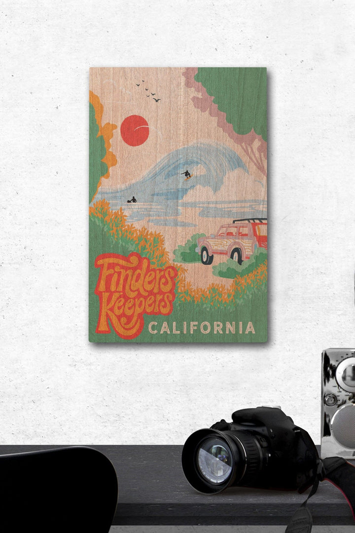 California, Secret Surf Spot Collection, Surf Scene at the Beach, Finders Keepers, Wood Signs and Postcards Wood Lantern Press 12 x 18 Wood Gallery Print 