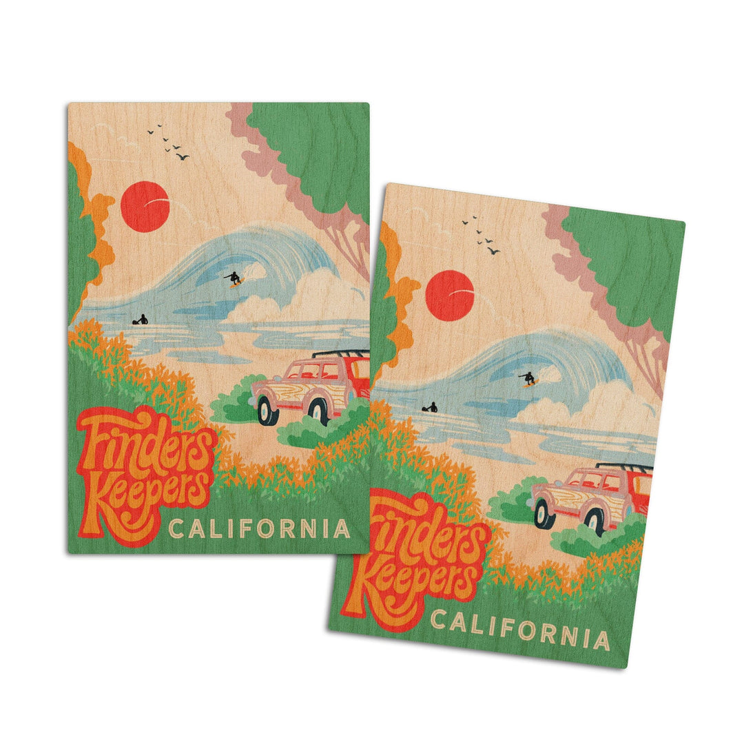 California, Secret Surf Spot Collection, Surf Scene at the Beach, Finders Keepers, Wood Signs and Postcards Wood Lantern Press 4x6 Wood Postcard Set 
