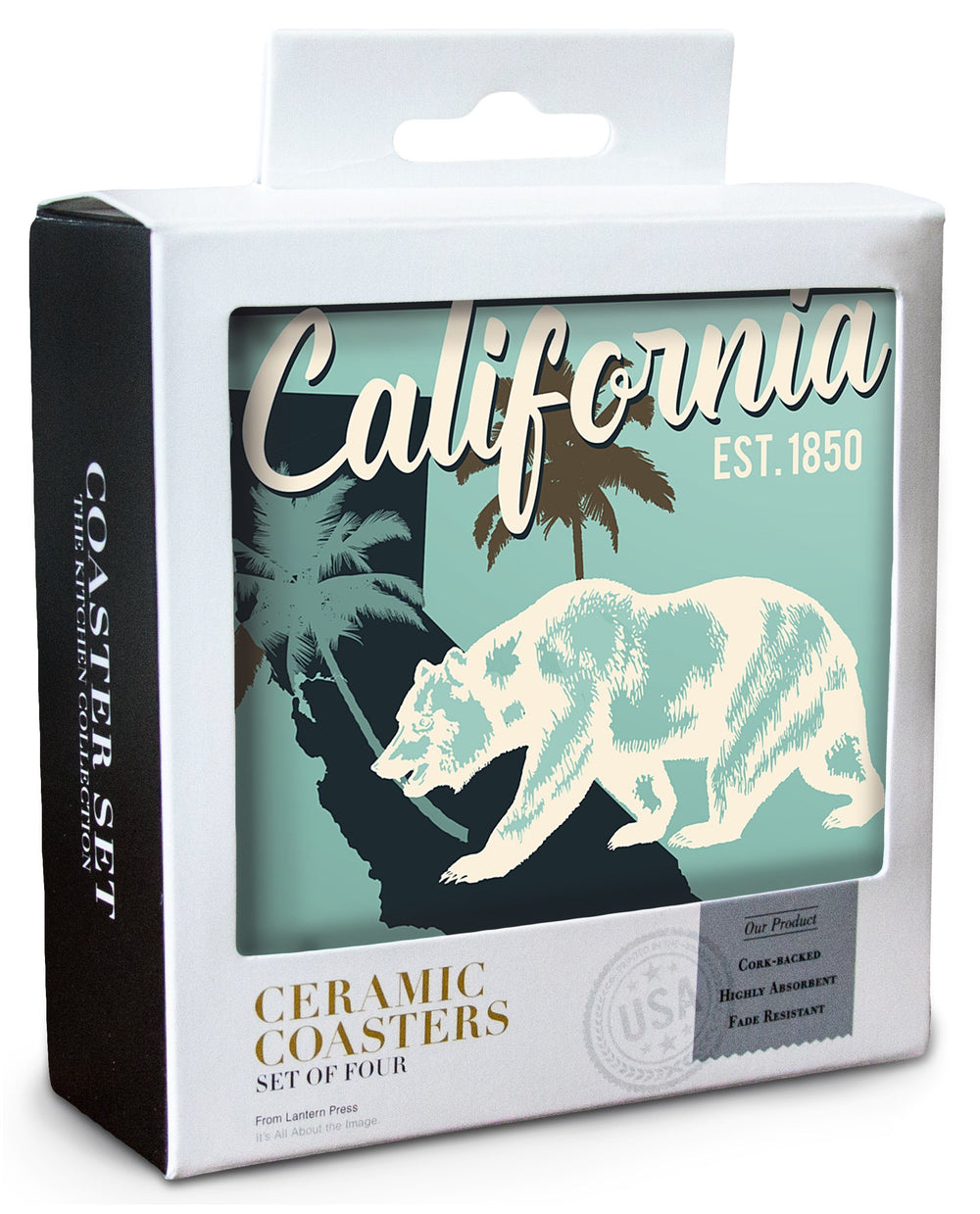 California, State Outline & Bear, Sunshine on Mind, Urban Traveler, Blue, Lantern Press Artwork, Coaster Set Coasters Lantern Press 