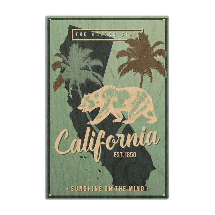 California, State Outline & Bear, Sunshine on Mind, Urban Traveler, Blue, Lantern Press Artwork, Wood Signs and Postcards Wood Lantern Press 10 x 15 Wood Sign 