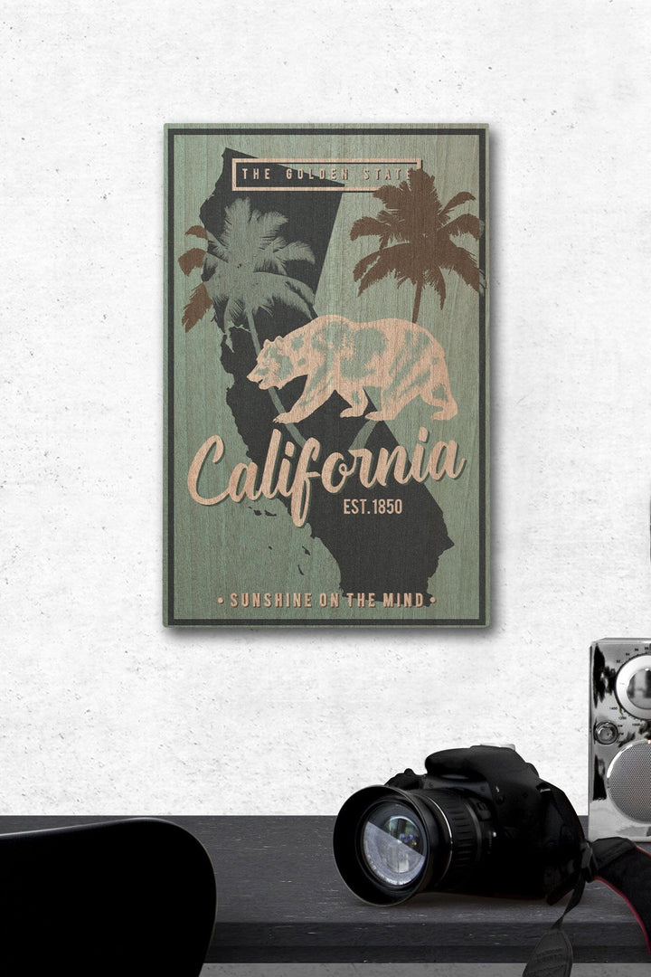 California, State Outline & Bear, Sunshine on Mind, Urban Traveler, Blue, Lantern Press Artwork, Wood Signs and Postcards Wood Lantern Press 12 x 18 Wood Gallery Print 