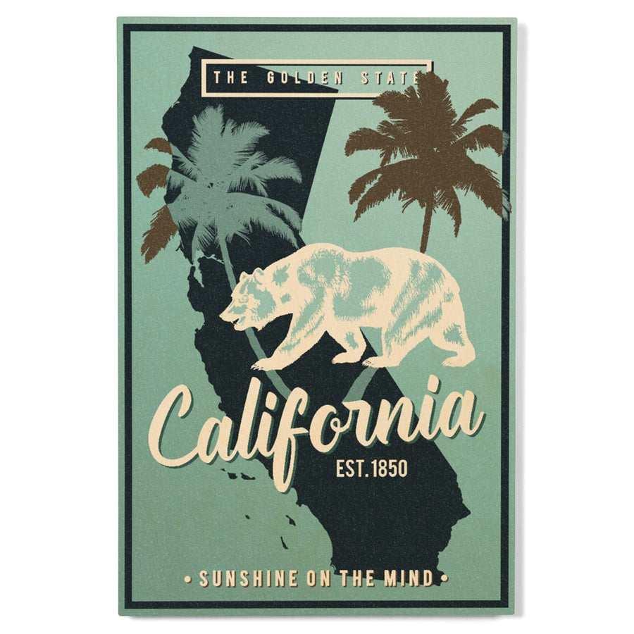 California, State Outline & Bear, Sunshine on Mind, Urban Traveler, Blue, Lantern Press Artwork, Wood Signs and Postcards Wood Lantern Press 