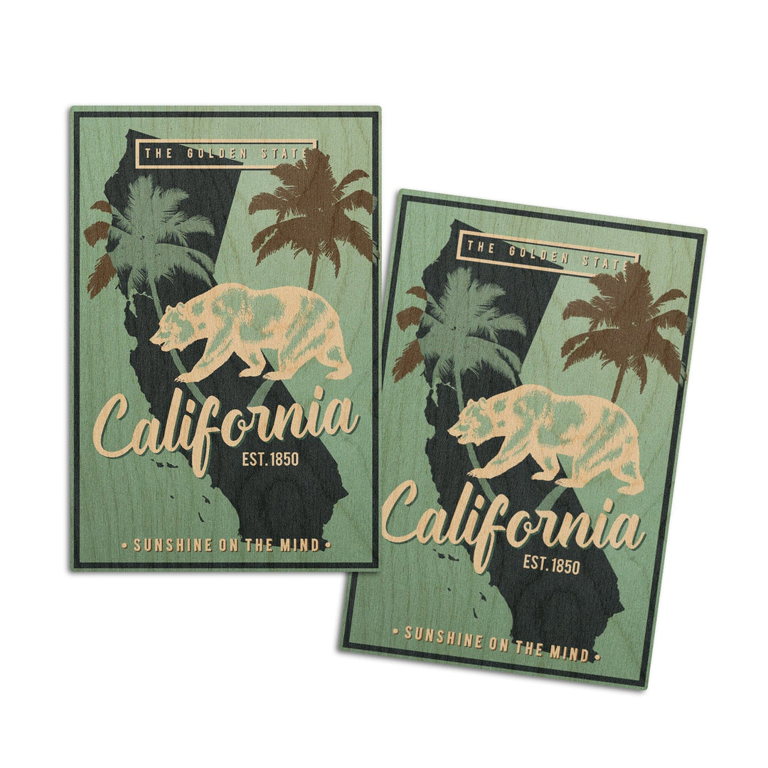 California, State Outline & Bear, Sunshine on Mind, Urban Traveler, Blue, Lantern Press Artwork, Wood Signs and Postcards Wood Lantern Press 4x6 Wood Postcard Set 