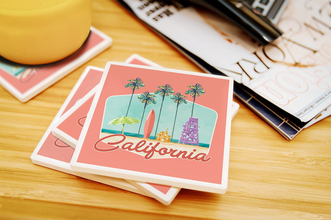 California, Tall Palms Beach Scene, Contour, Lantern Press Artwork, Coaster Set Coasters Lantern Press 